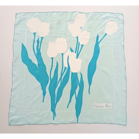 VTG Christian Dior 100% Silk Scarf Aqua Tulip Print Signed 22" Sq Rolled Edge - Picture 1 of 7